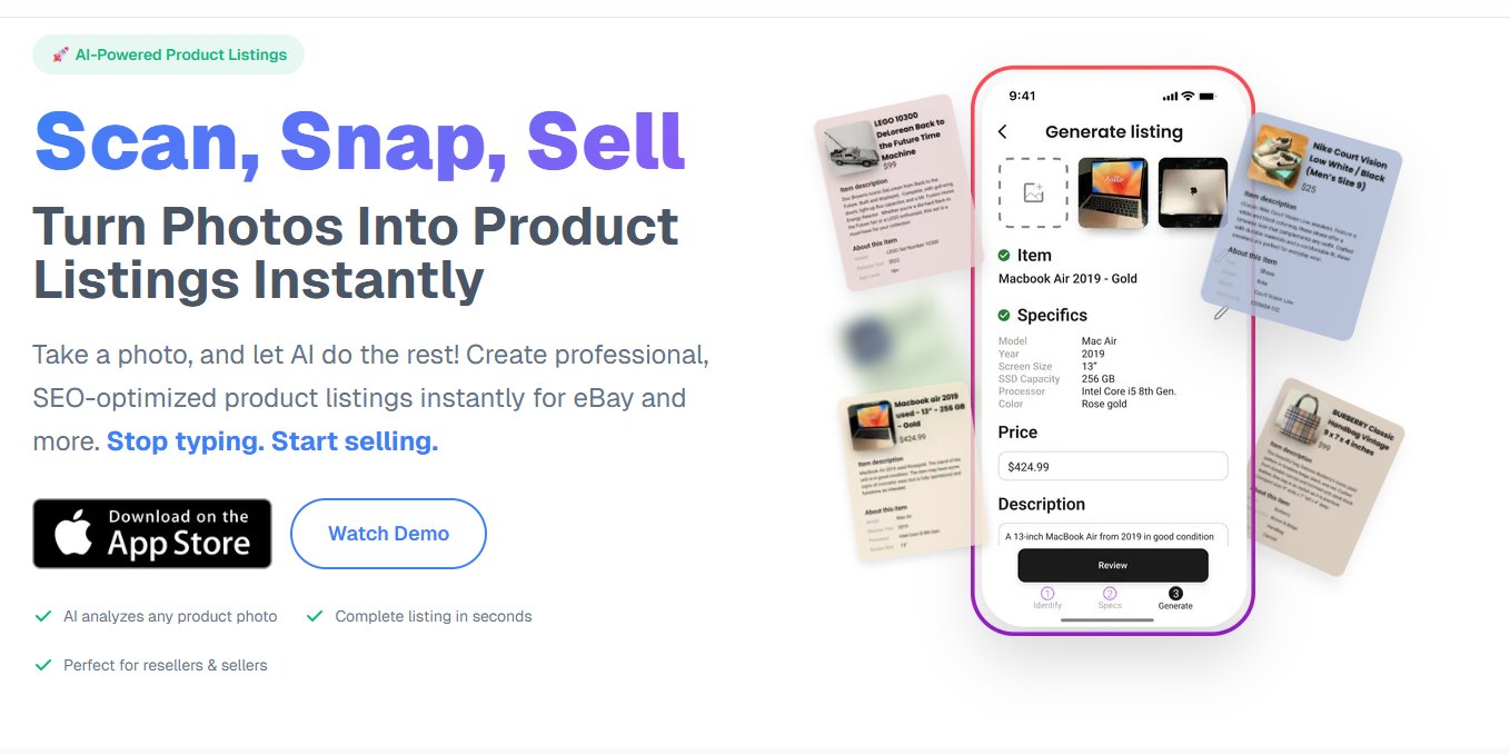 Instant Listing website: turn photos into product listings instantly, with the app generating a listing from photos