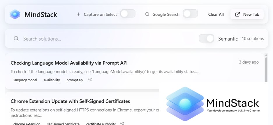 MindStack extension interface: captured solutions with AI-generated tags and semantic search