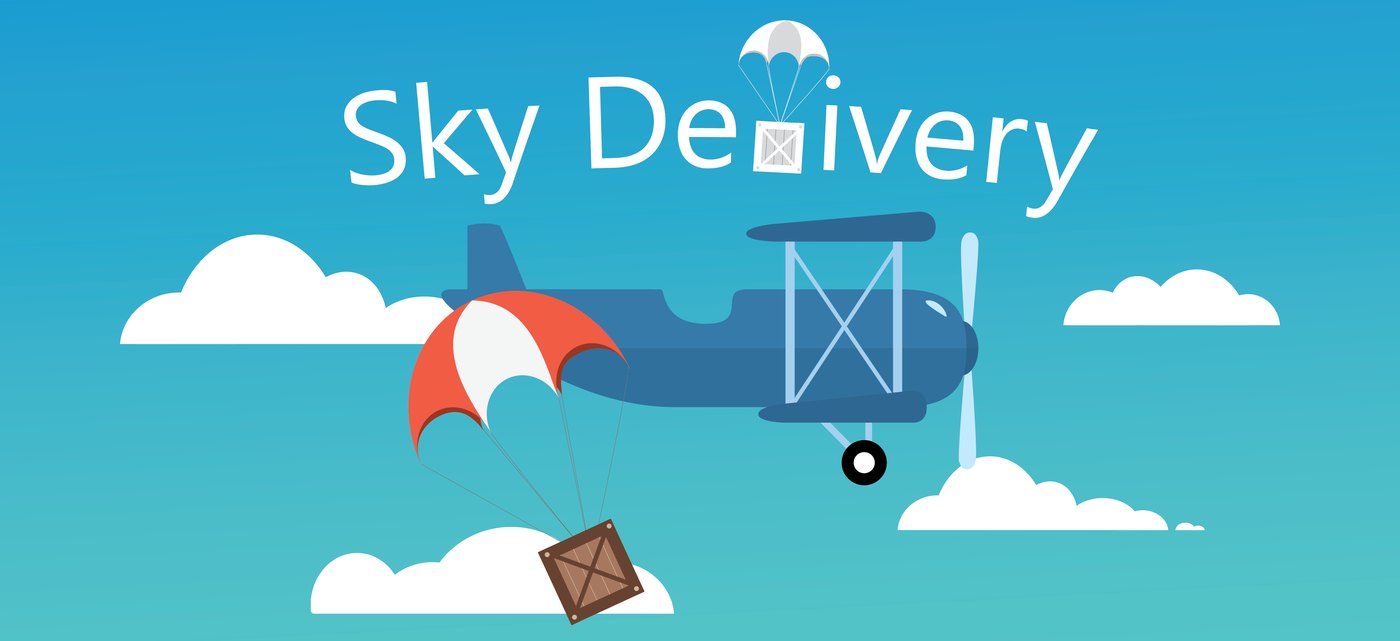 Sky Delivery artwork: a biplane dropping parachuted crates through a cloudy sky