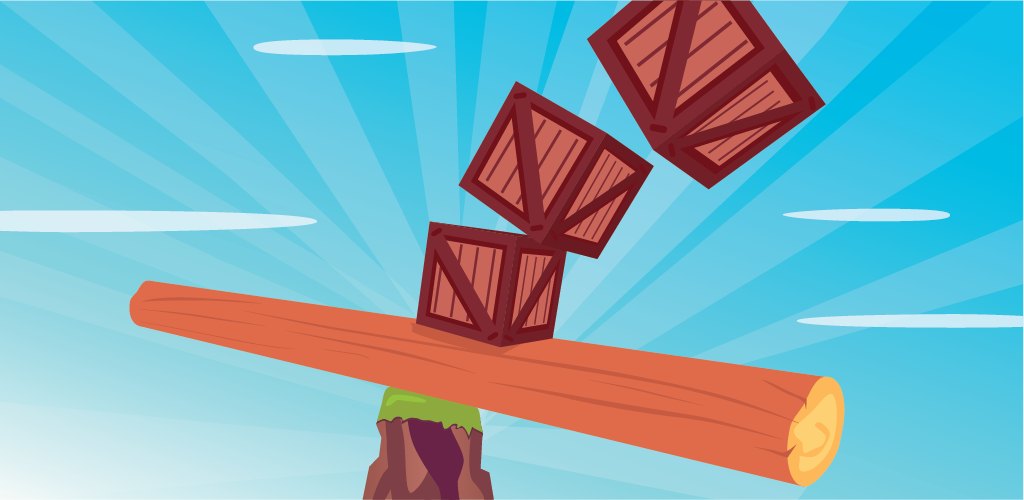 Steady Box artwork: crates balanced on a swaying wooden beam